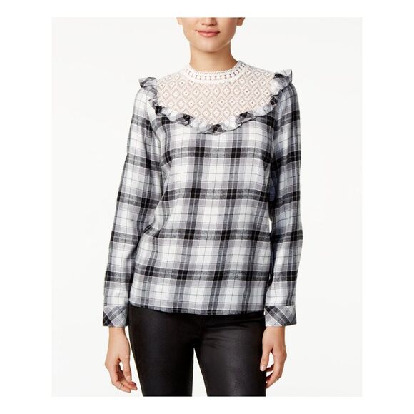 KENSIE Tops - KENSIE Womens Ivory Ruffled Lace Plaid Long Sleeve Bib Neck Tunic Top Size: XS